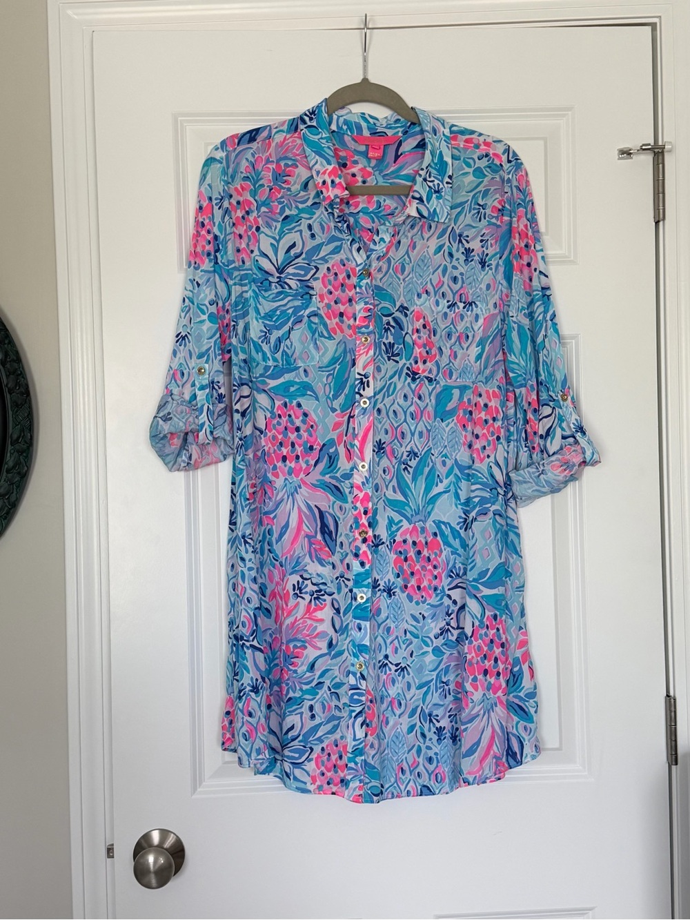 Lilly Pulitzer Natalie tunic size L swim coverup shirt dress blue pineapple